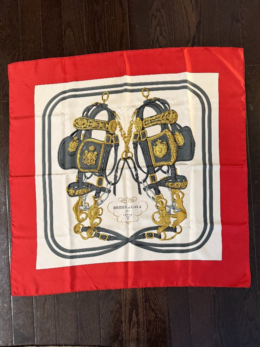 Hermes Red, Cream, Gray & Gold Bridle Print Silk Scarf